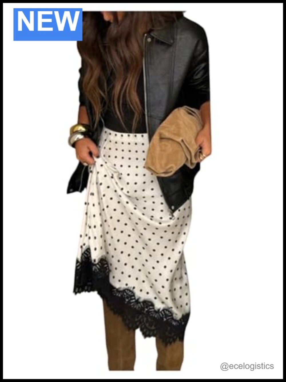 Verdusa Women's Polka Dots Lace Satin Skirt Elegant Midi Skirts Brunch Outfits